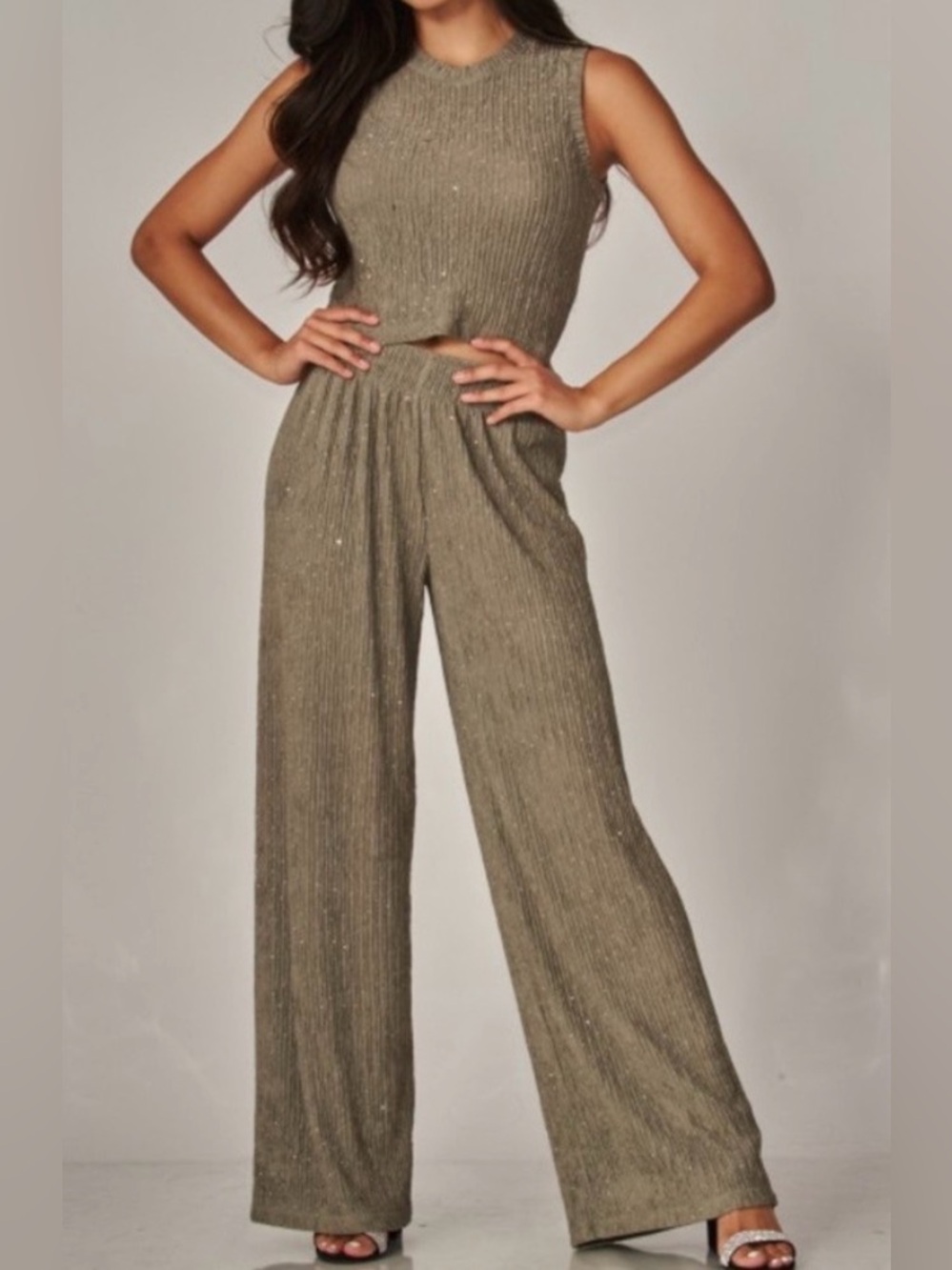 NWT Sleeveless Ribbed Wide-Leg studded Set in Olive Taupe